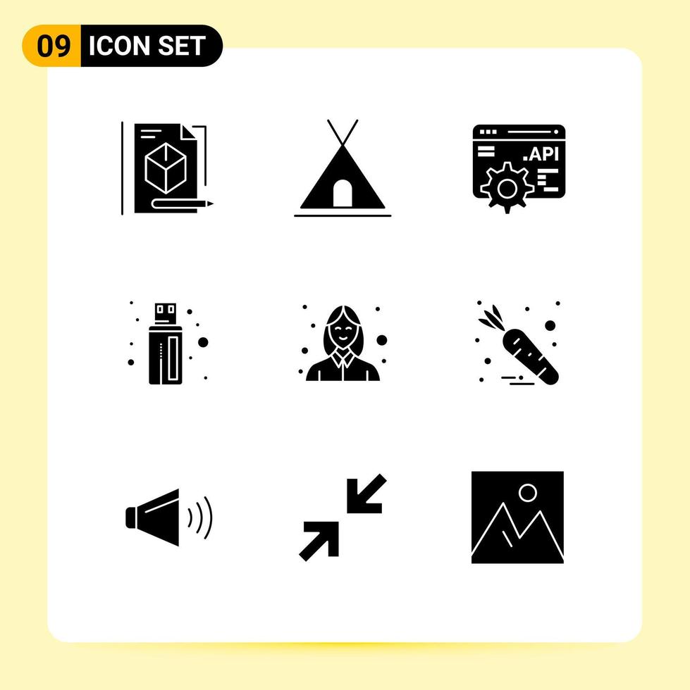 Set of 9 Vector Solid Glyphs on Grid for beautician female api avatar connector Editable Vector Design Elements