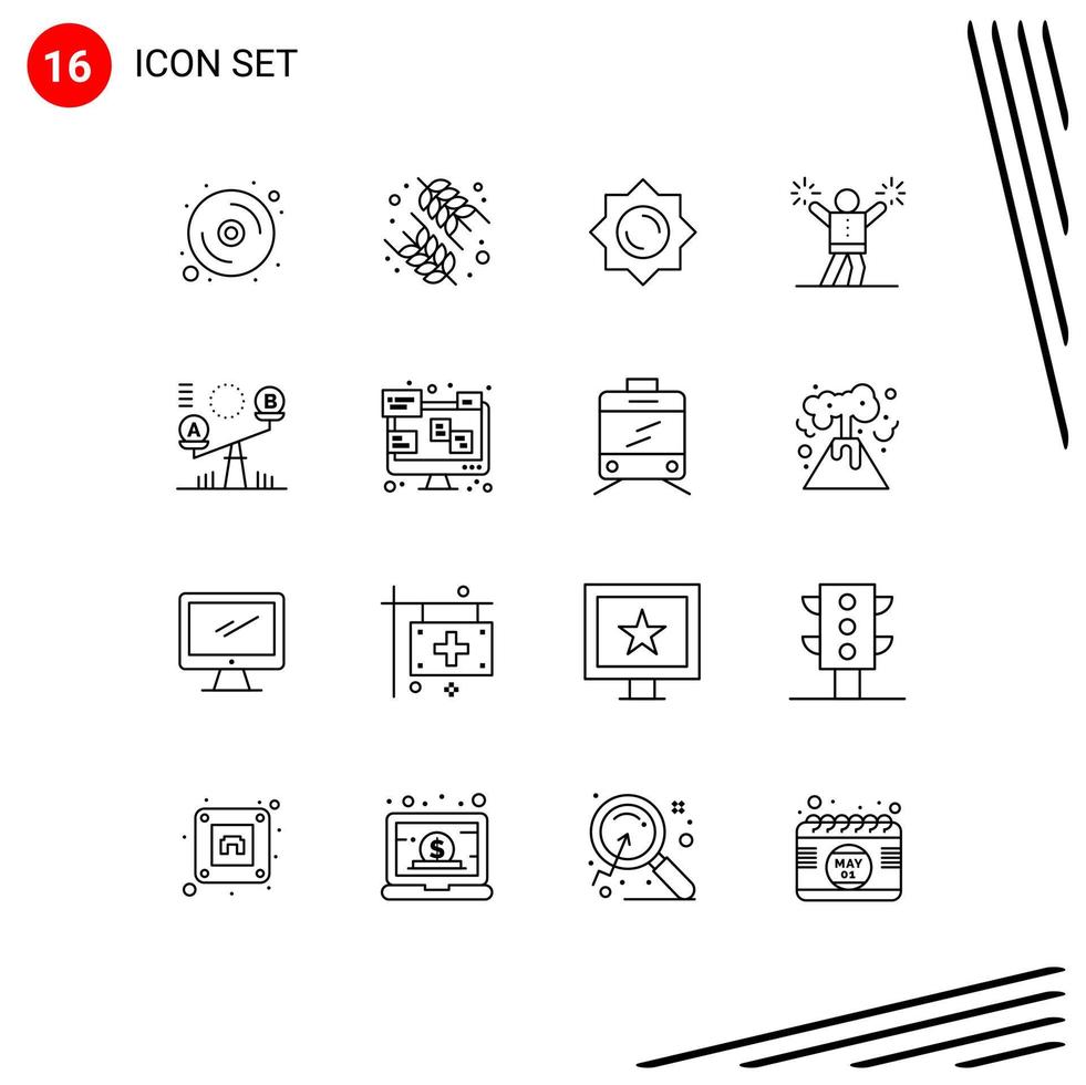 Mobile Interface Outline Set of 16 Pictograms of seesaw balance sun fan cheerleading Editable Vector Design Elements