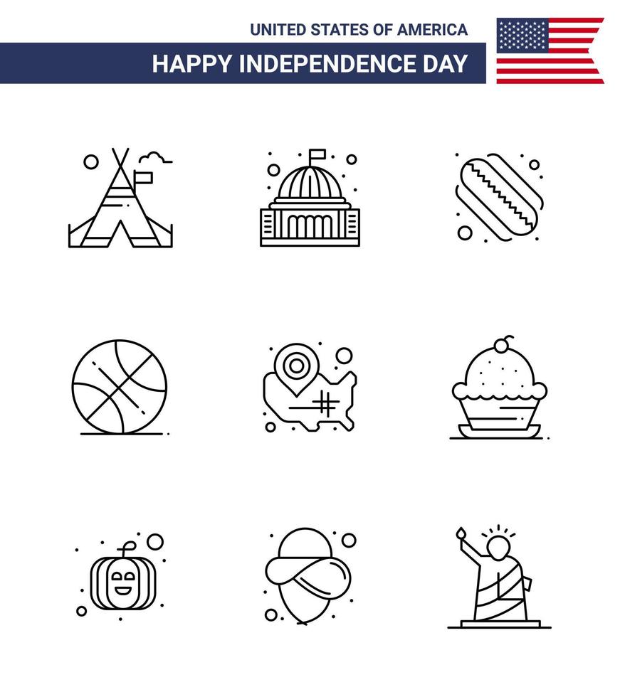 paquete de 9 líneas de estados relacionadas con el día de la independencia de estados unidos creativos elementos de diseño de vector de día de estados unidos editables de backetball de deportes blancos de estados unidos