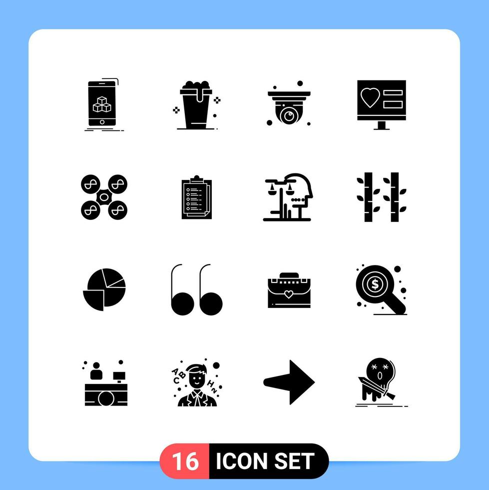 Universal Icon Symbols Group of 16 Modern Solid Glyphs of drone web camera love app Editable Vector Design Elements