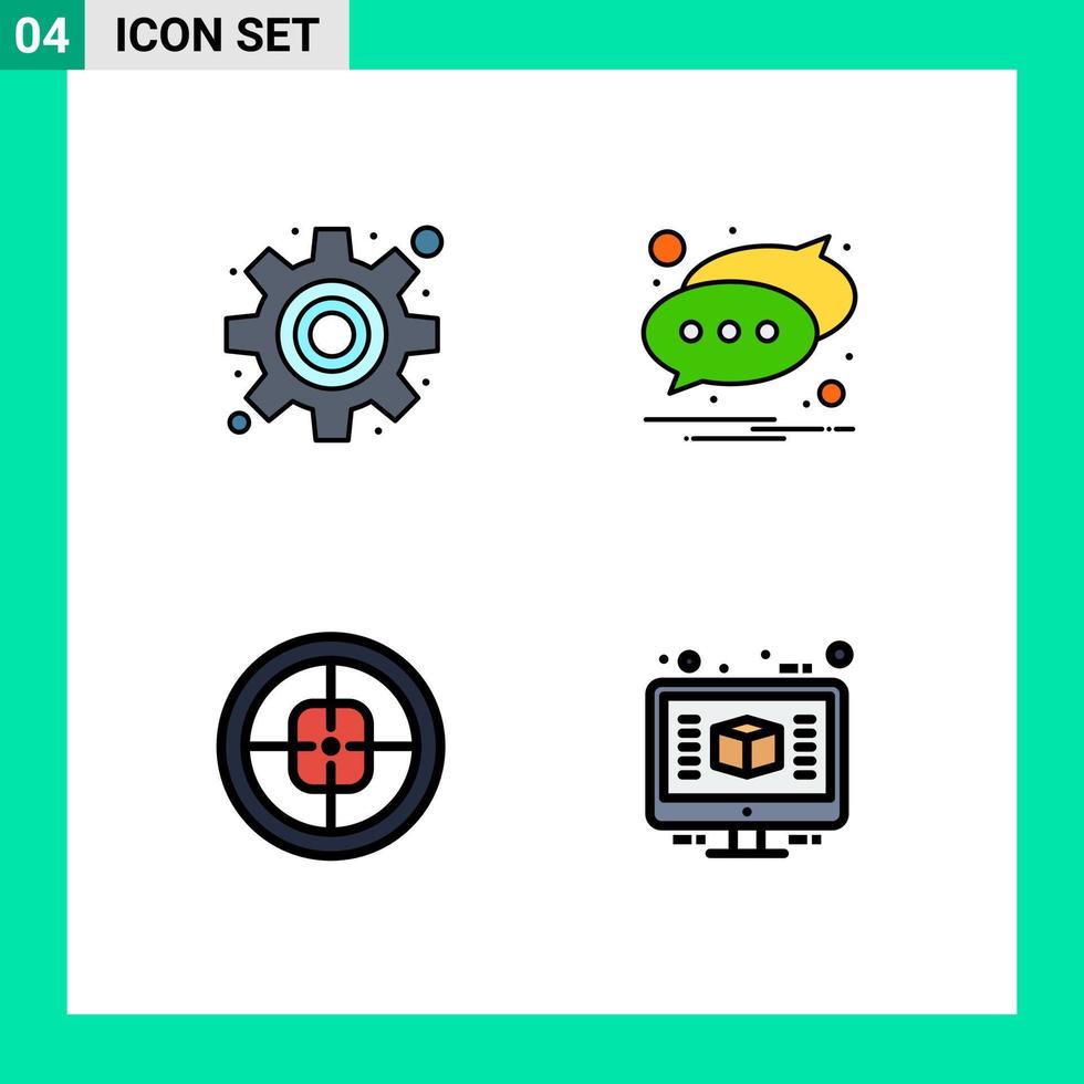 Pictogram Set of 4 Simple Filledline Flat Colors of cog military chat text target Editable Vector Design Elements