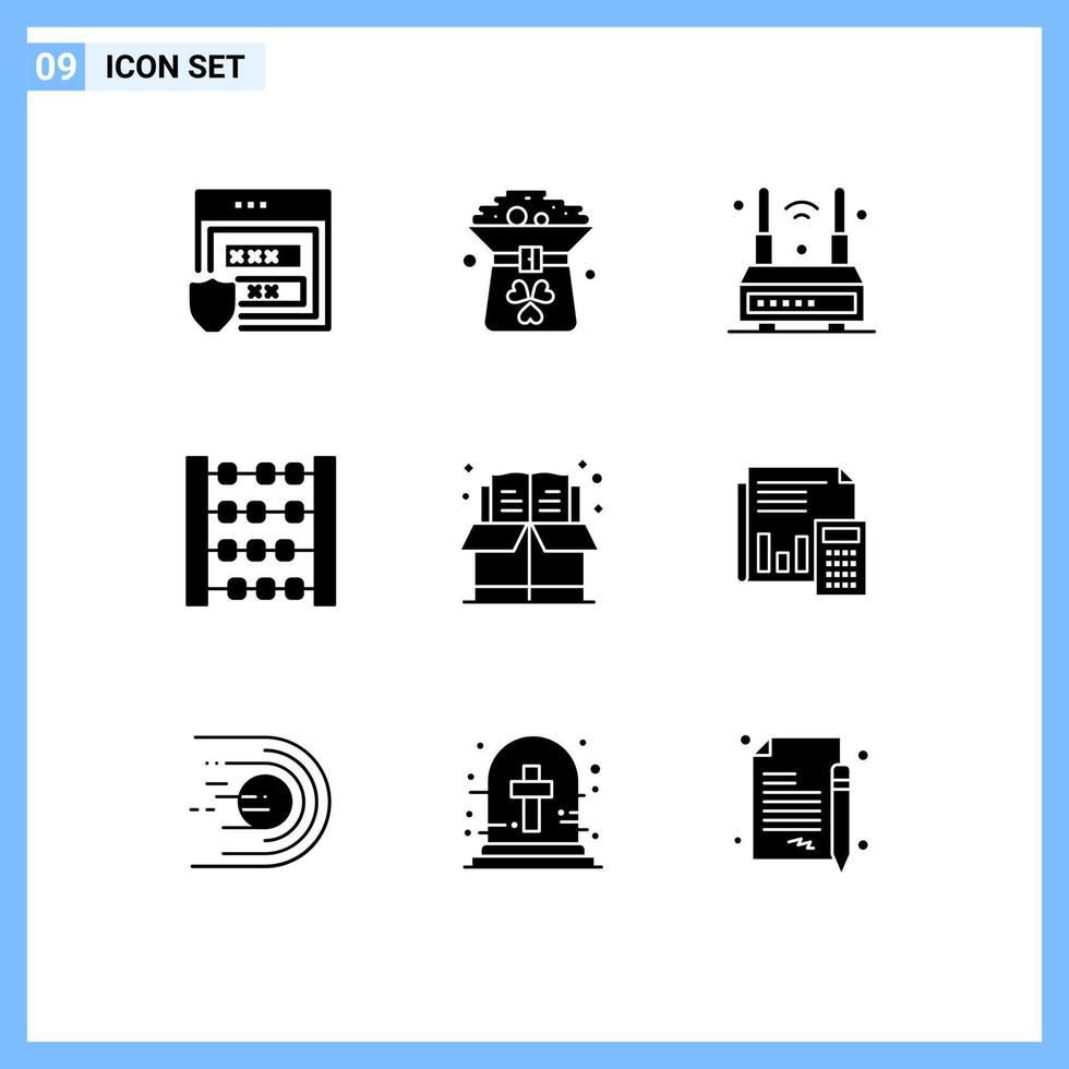 Group of 9 Solid Glyphs Signs and Symbols for book counter in abacus wifi Editable Vector Design Elements
