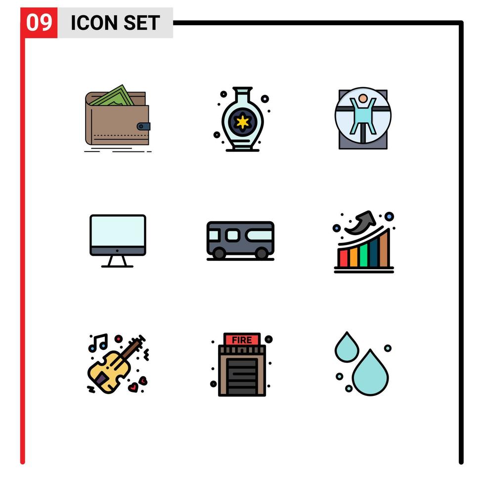 9 paquete de color plano de línea de relleno de interfaz de usuario de signos y símbolos modernos de elementos de diseño de vector editables de computadora de pantalla virtruviana de hardware combinado