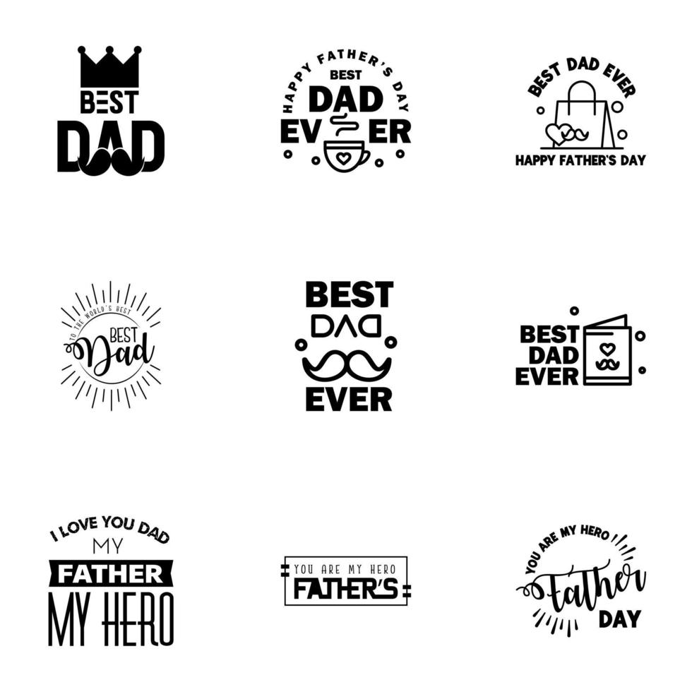 Fathers Day Lettering 9 Black Calligraphic Emblems Badges Set Isolated on Dark Blue Happy Fathers Day Best Dad Love You Dad Inscription Vector Design Elements For Greeting Card and Other Print T