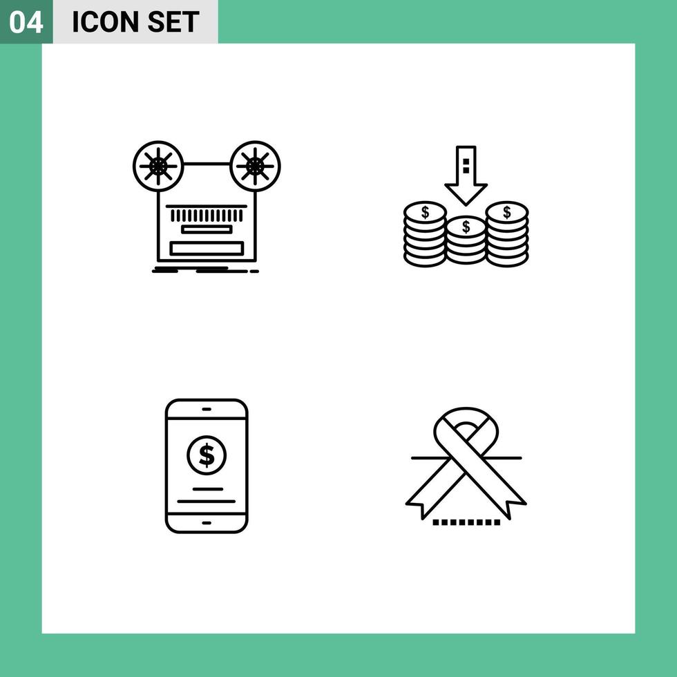 Group of 4 Filledline Flat Colors Signs and Symbols for record arrow tape cash mobile money Editable Vector Design Elements