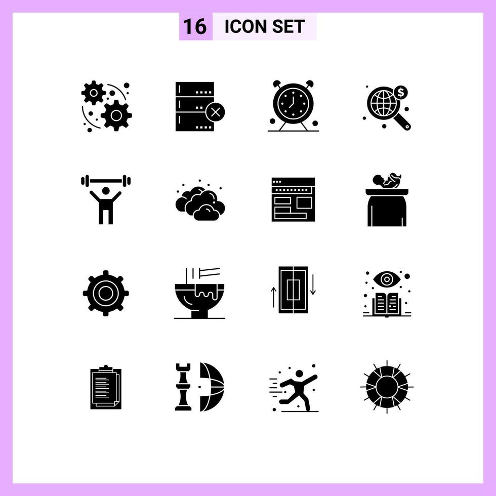 paquete de línea de vector editable de 16 glifos sólidos simples de elementos de diseño de vector editable de web mundial de calendario de fitness de elevación