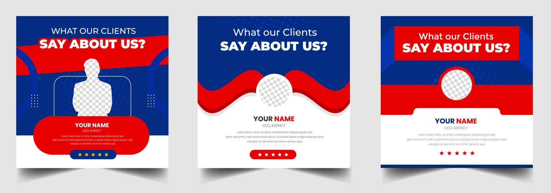 Customer feedback testimonial social media post web banner template. client testimonials social media post web banner design template with red and blue color vector