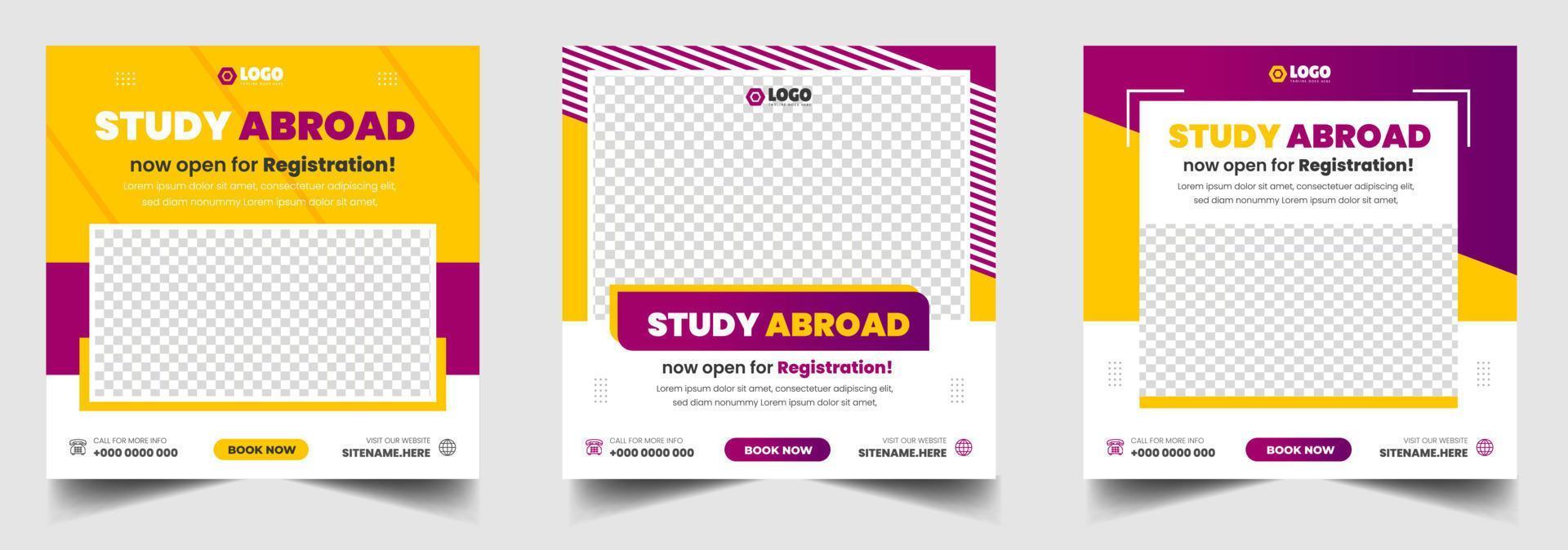 Study abroad social media post banner design. higher education social media post banner design set. school admission promotion banner. school admission template for social media ad. vector