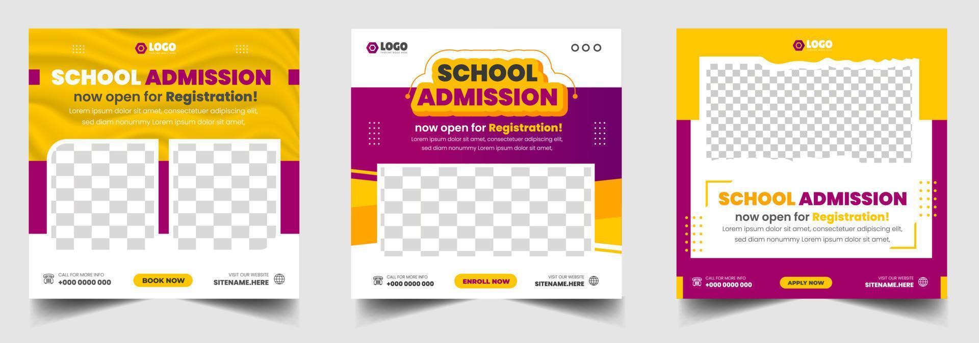 School admission social media post banner design. back to school social media post banner design set. Back to school admission promotion banner. school admission template for social media ad. vector