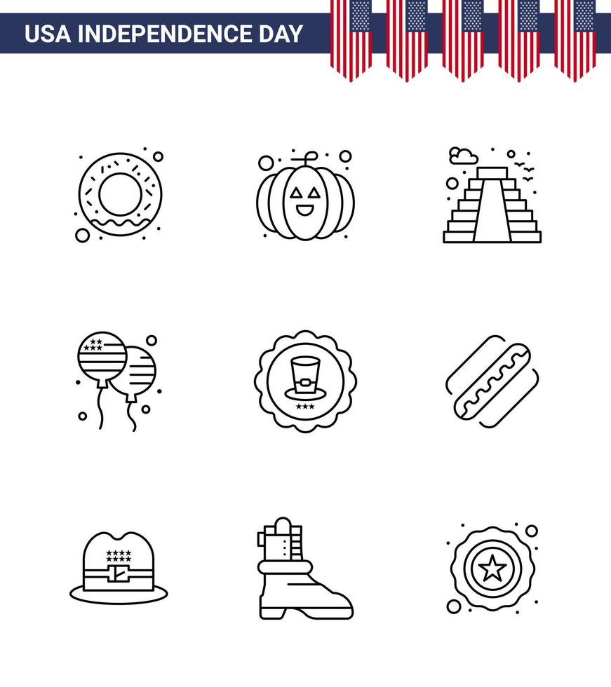 Happy Independence Day USA Pack of 9 Creative Lines of usa drink landmark glass fly Editable USA Day Vector Design Elements