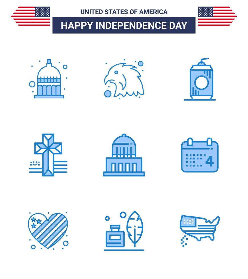 Group of 9 Blues Set for Independence day of United States of America such as usa city cola building cross Editable USA Day Vector Design Elements