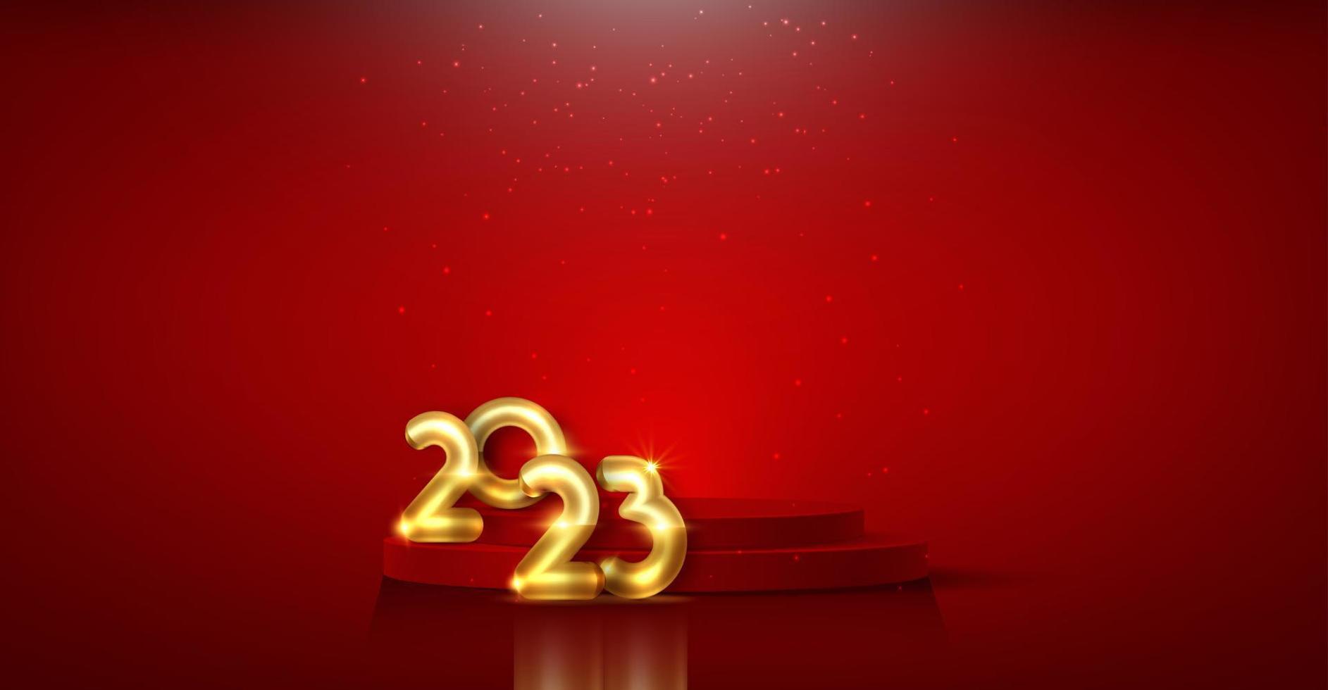 3D gold 2023 podium banner, New Year party, golden balloons, product display cylindrical shape, festive platform for the holidays. Vector luxury template isolated on red background