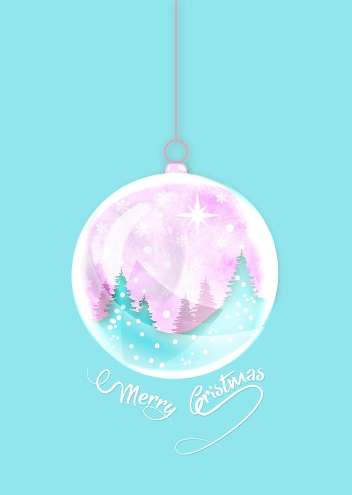 Merry Christmas ball shape. Winter seasonal holiday Christmas background, watercolor style. Christmas greeting card, snow globe and winter forest inside. Vector illustration isolated on blue