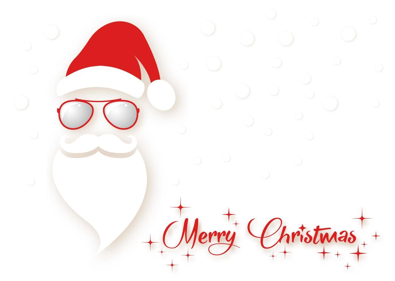 Santa Claus fashion hipster style icon. Santa hat, moustache and beard. Christmas text and red sunglasses, festive xmas party decoration in paper cut style, vector isolated on white background