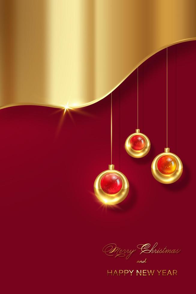 Christmas luxury holiday banner with gold handwritten Merry Christmas and Happy New Year greetings and golden Christmas balls. Vector illustration on foil texture and red background