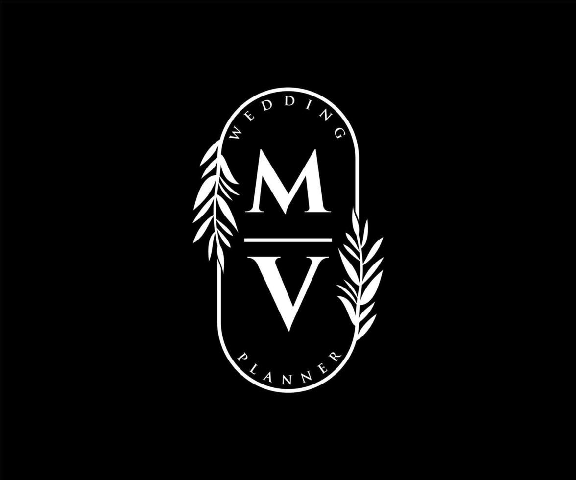 MV Initials letter Wedding monogram logos collection, hand drawn modern minimalistic and floral templates for Invitation cards, Save the Date, elegant identity for restaurant, boutique, cafe in vector