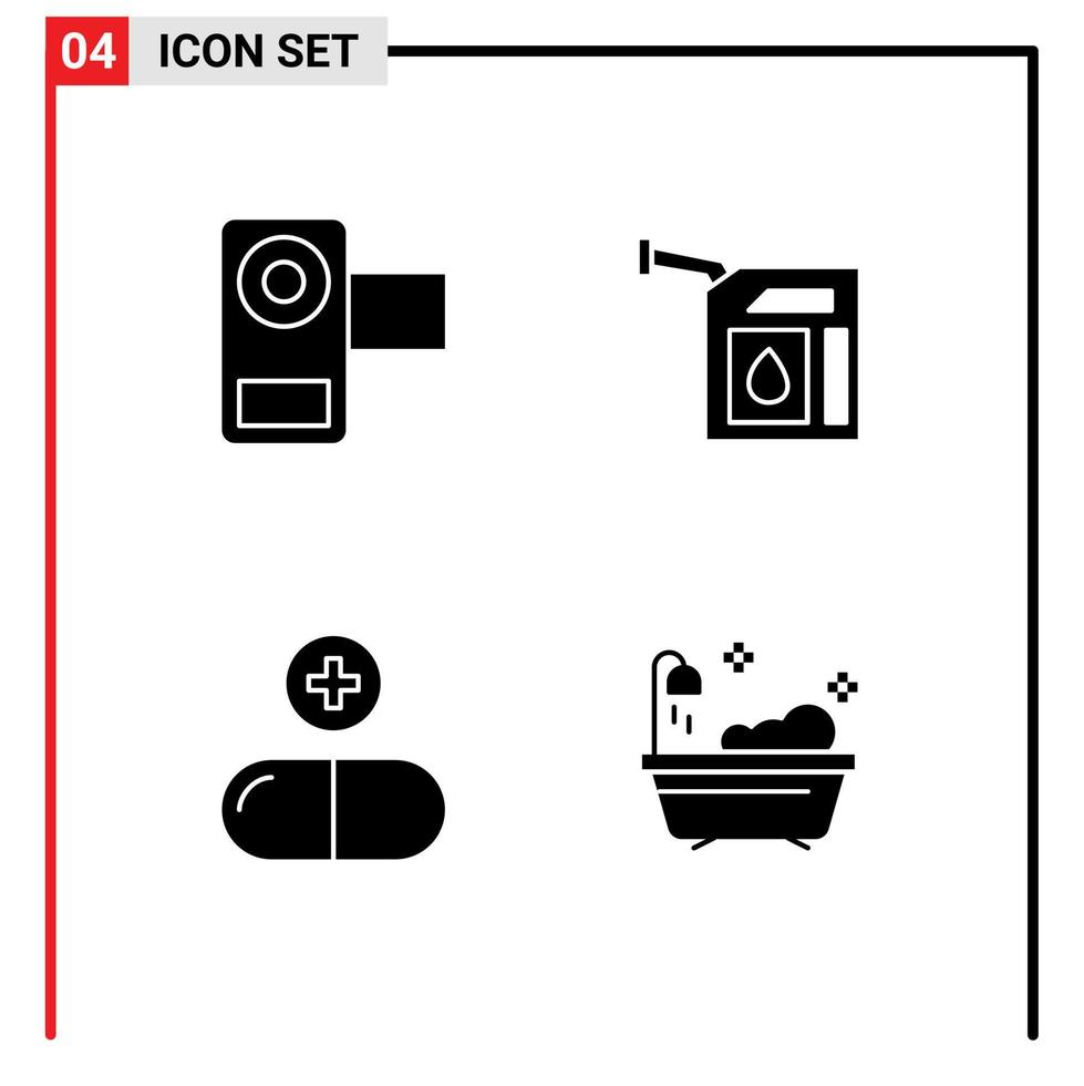 conjunto de pictogramas de 4 glifos sólidos simples de pastillas de gas de película de drogas de cámara elementos de diseño vectorial editables vector