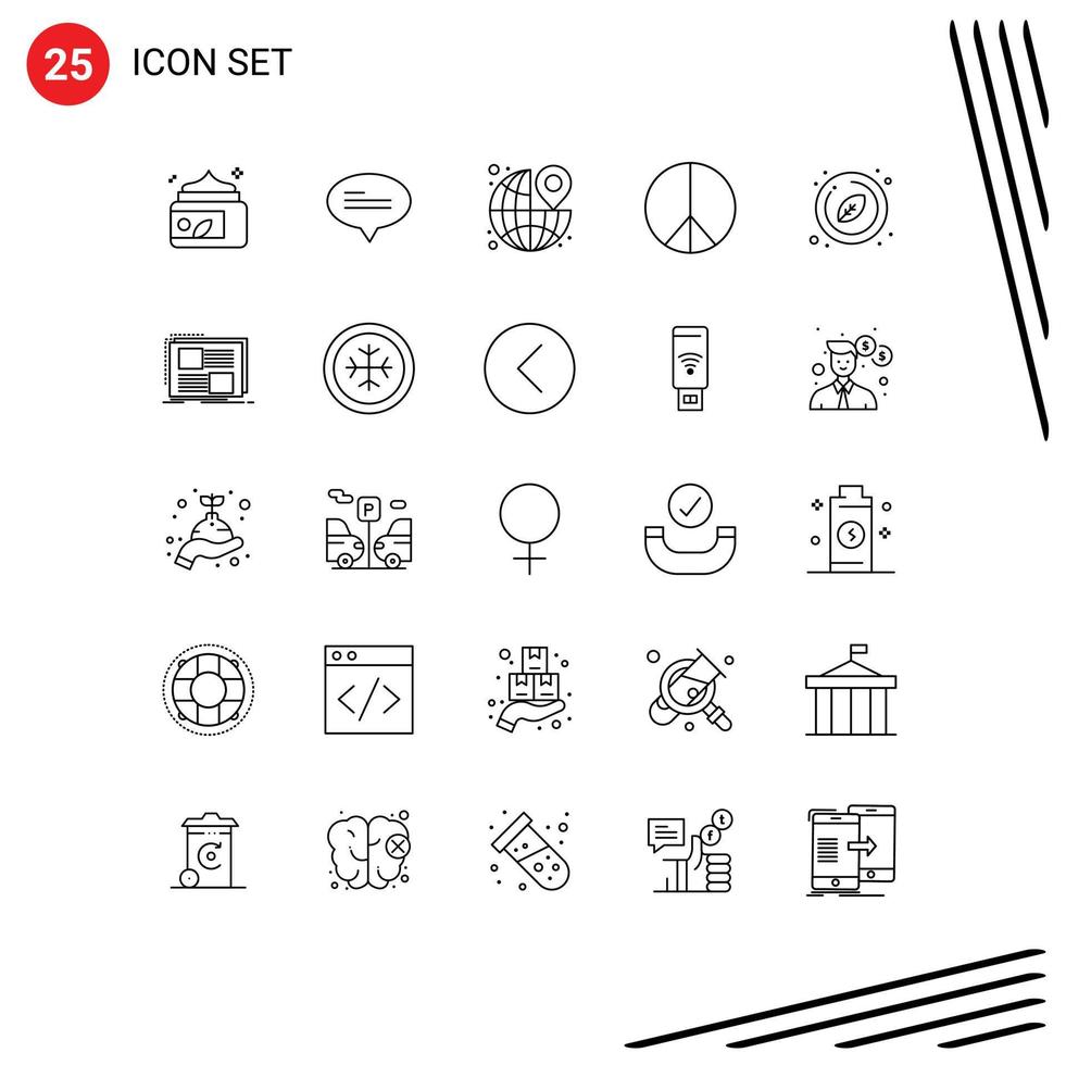 User Interface Pack of 25 Basic Lines of natural circle destination peace freedom Editable Vector Design Elements