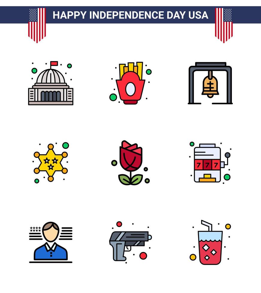 Editable Vector Line Pack of USA Day 9 Simple Flat Filled Lines of flower police food military church bell Editable USA Day Vector Design Elements