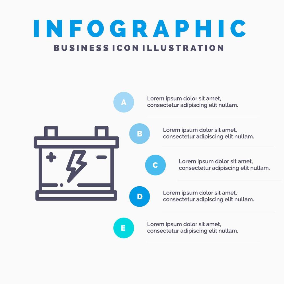 icono de línea de coche de energía de batería de acumulador con fondo de infografía de presentación de 5 pasos vector