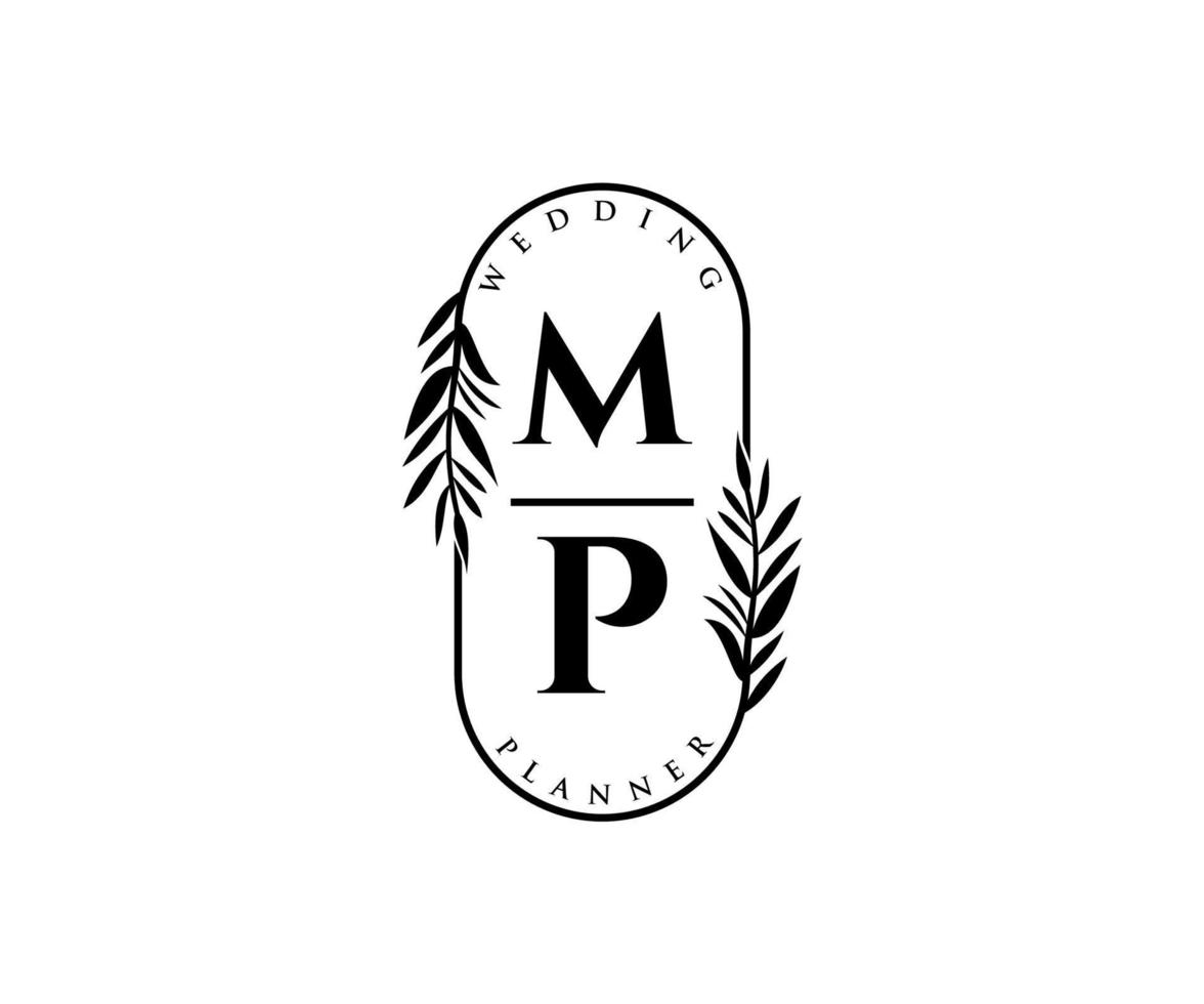 colección de logotipos de monogramas de boda con letras iniciales de mp, plantillas florales y minimalistas modernas dibujadas a mano para tarjetas de invitación, guardar la fecha, identidad elegante para restaurante, boutique, café en vector