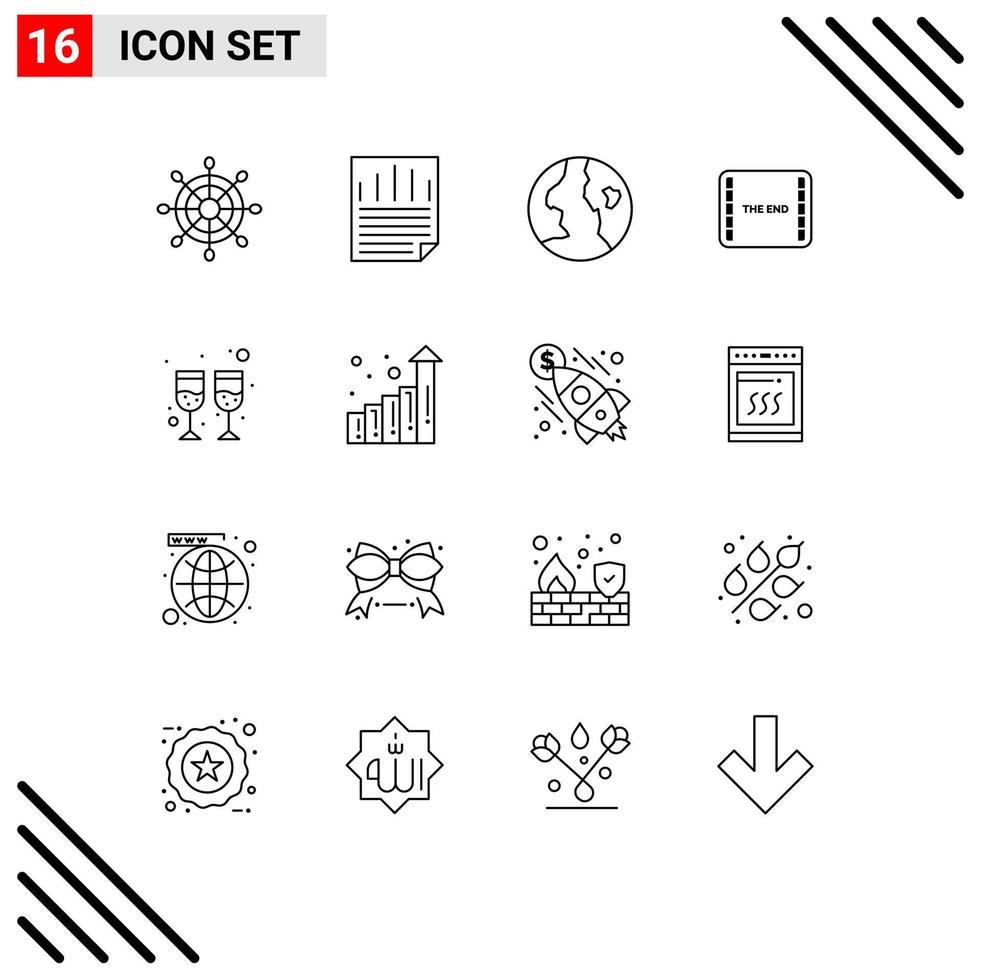 Modern Set of 16 Outlines and symbols such as graph glass globe drink movie Editable Vector Design Elements