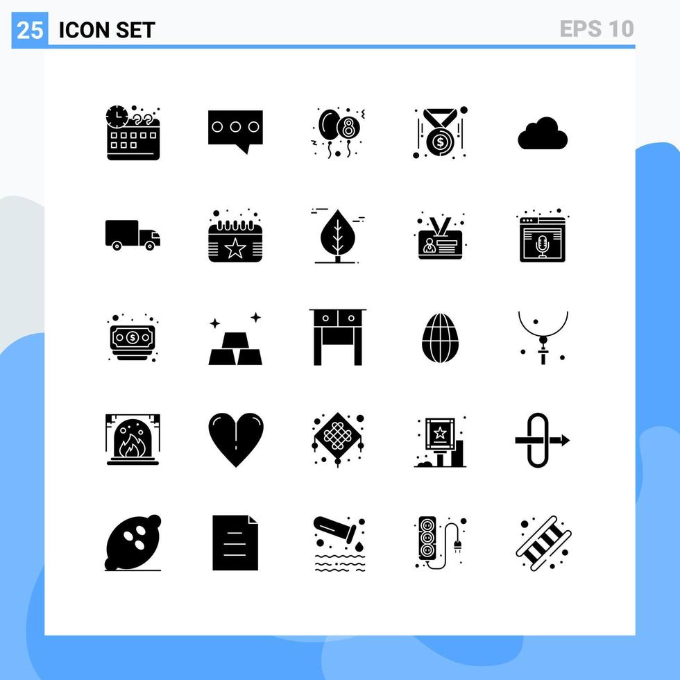 Mobile Interface Solid Glyph Set of 25 Pictograms of cloudy data party cloud dollar Editable Vector Design Elements