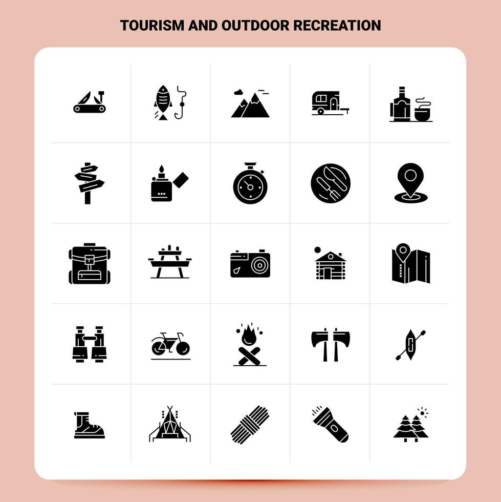 sólido 25 conjunto de iconos de turismo y recreación al aire libre diseño de estilo de glifo vectorial conjunto de iconos negros diseño de ideas de negocios web y móviles ilustración vectorial vector