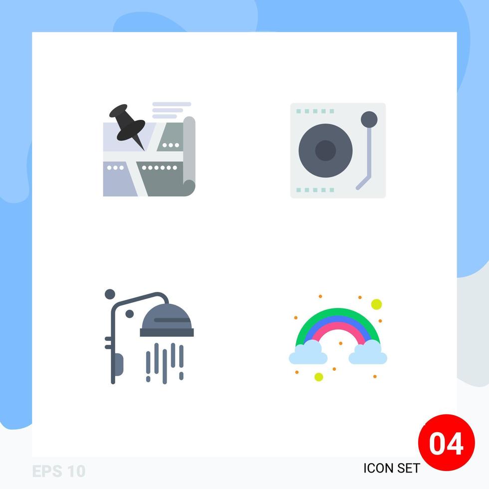4 Thematic Vector Flat Icons and Editable Symbols of location bathroom pin media shower Editable Vector Design Elements