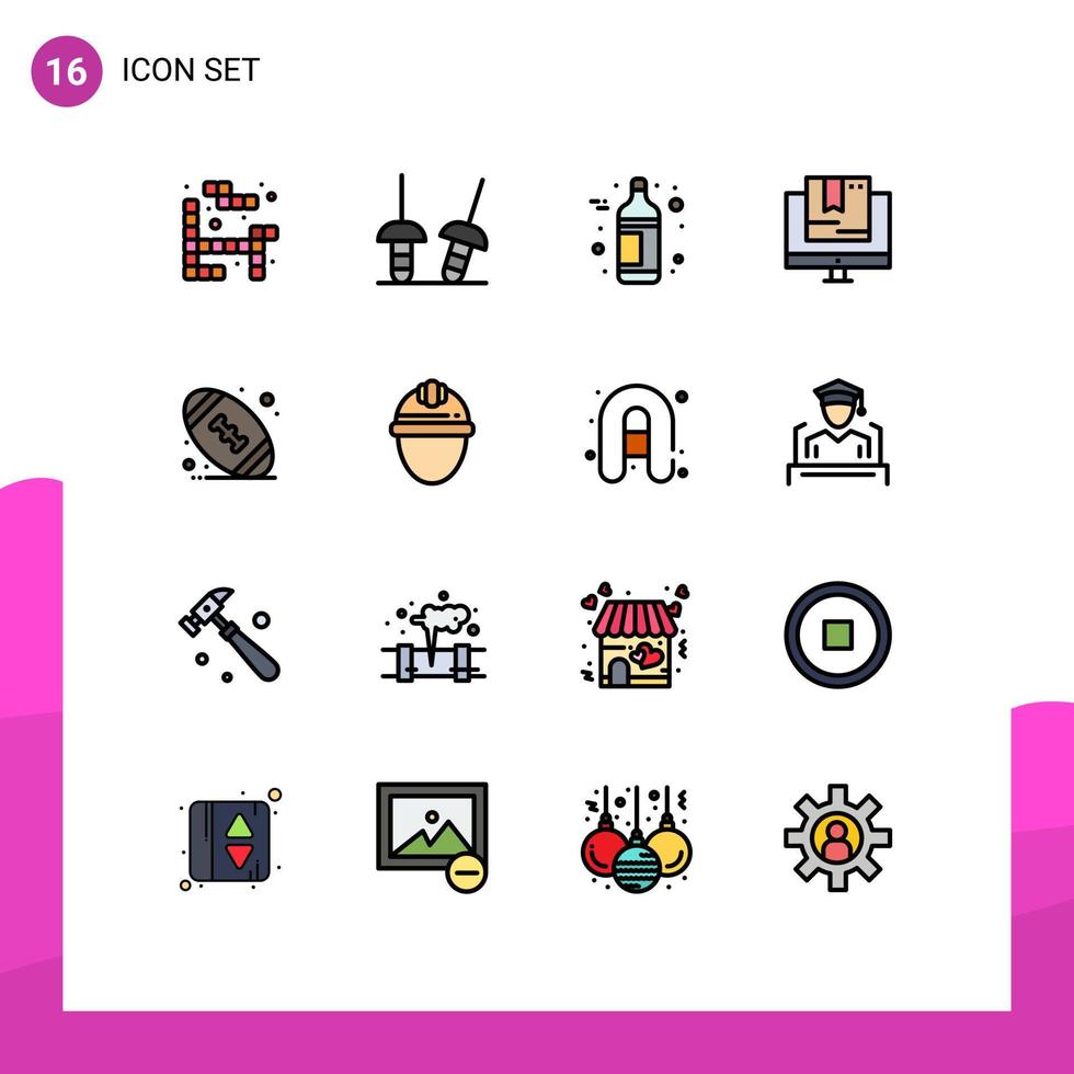 Set of 16 Vector Flat Color Filled Lines on Grid for cap ball wine american shop Editable Creative Vector Design Elements