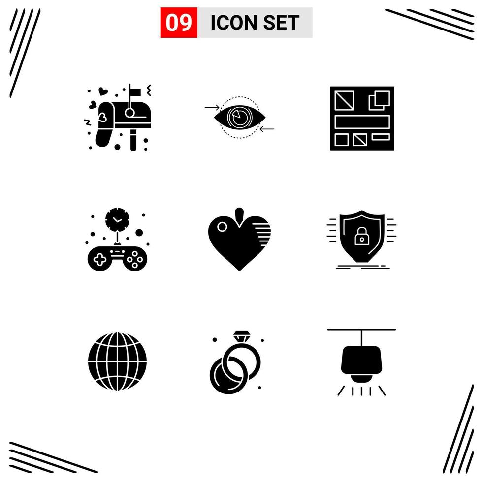 Mobile Interface Solid Glyph Set of 9 Pictograms of heart time plan solid free Editable Vector Design Elements