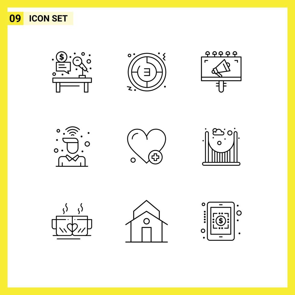 Pack of 9 creative Outlines of user on clock desk billboard Editable Vector Design Elements