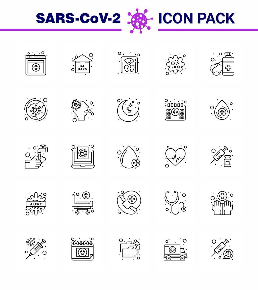 Corona virus 2019 and 2020 epidemic 25 line icon pack such as sanitizer soap scale virus particle viral coronavirus 2019nov disease Vector Design Elements