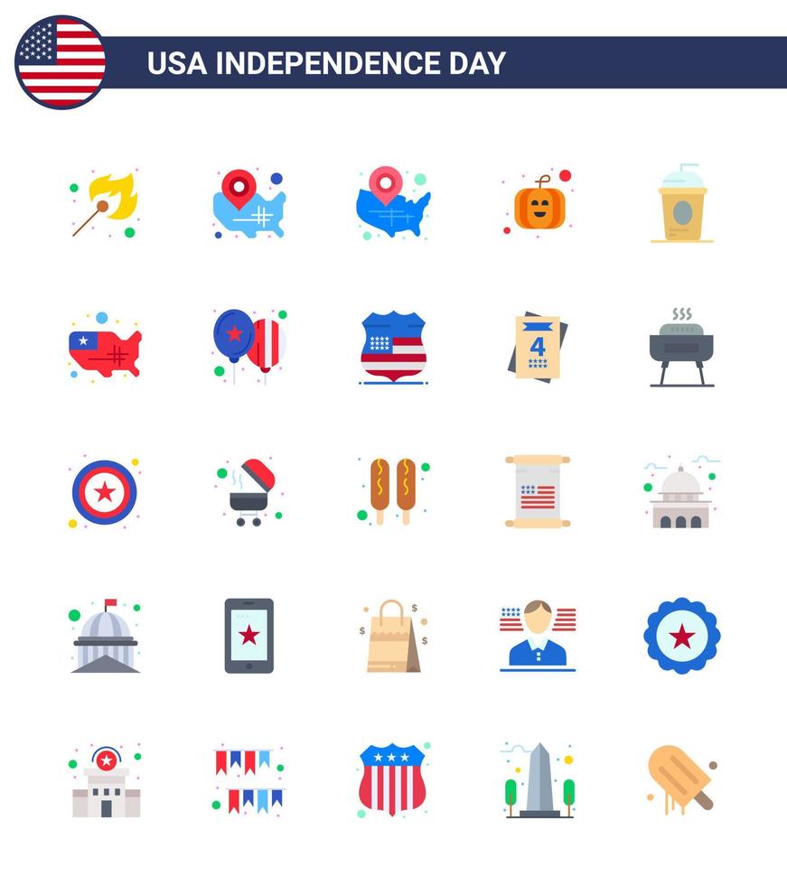 Set of 25 Vector Flats on 4th July USA Independence Day such as map holiday location pin drink cake Editable USA Day Vector Design Elements