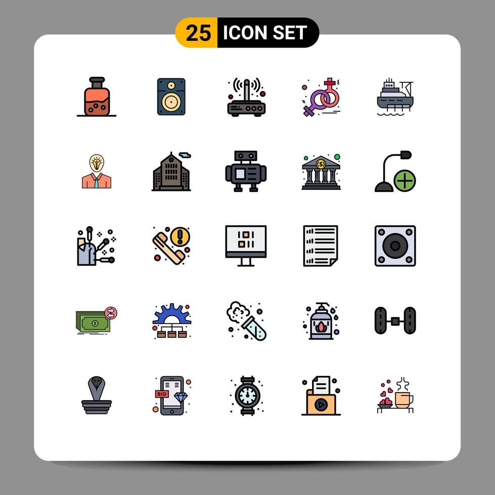Universal Icon Symbols Group of 25 Modern Filled line Flat Colors of boat venus modem symbolism wireless Editable Vector Design Elements