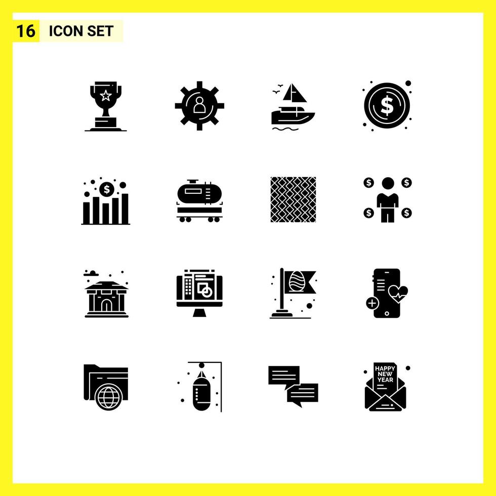 16 User Interface Solid Glyph Pack of modern Signs and Symbols of chart dollar productivity coin vessel Editable Vector Design Elements