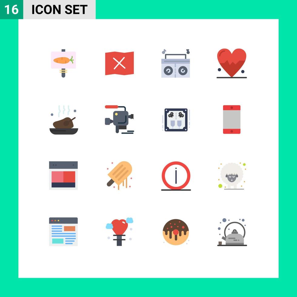 paquete de color plano de interfaz de usuario de 16 de signos y símbolos modernos de ciencia de cena de jugador de comida asada paquete editable de elementos creativos de diseño de vectores