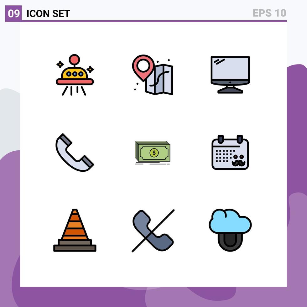 Set of 9 Vector Filledline Flat Colors on Grid for dollar fund device money phone Editable Vector Design Elements