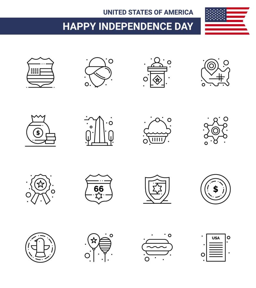 Happy Independence Day USA Pack of 16 Creative Lines of bag location pin election wisconsin states Editable USA Day Vector Design Elements