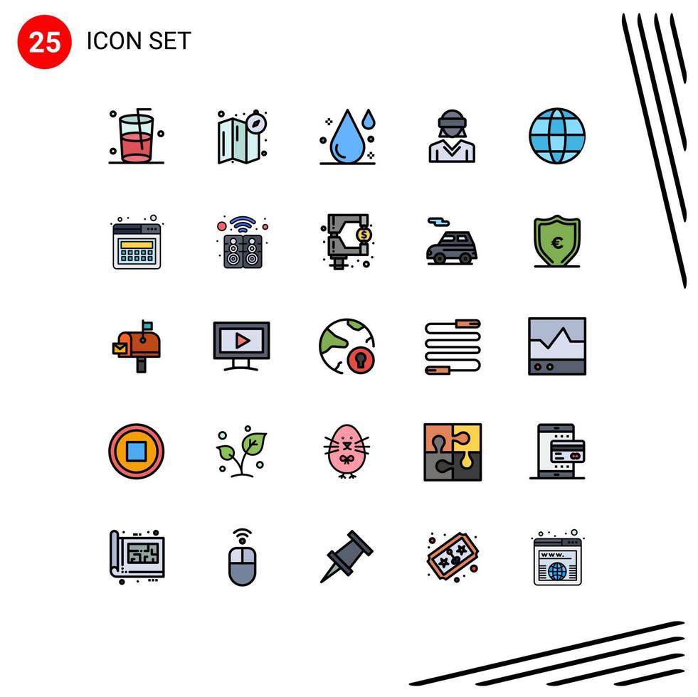 User Interface Pack of 25 Basic Filled line Flat Colors of internet world drop woman reality Editable Vector Design Elements