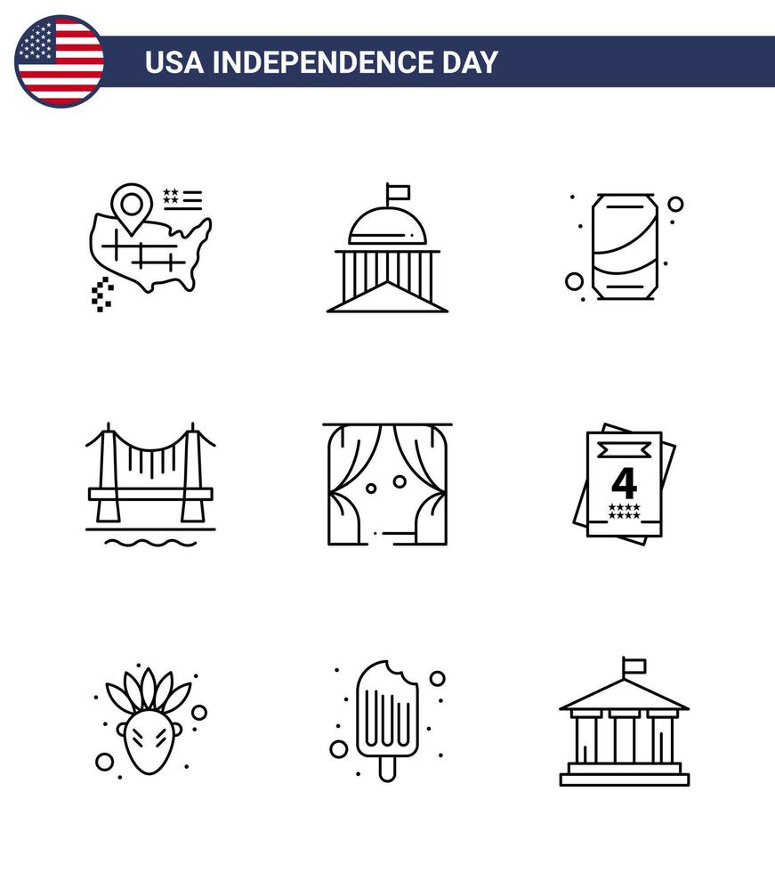 Stock Vector Icon Pack of American Day 9 Line Signs and Symbols for leisure cityscape beer city bridge Editable USA Day Vector Design Elements