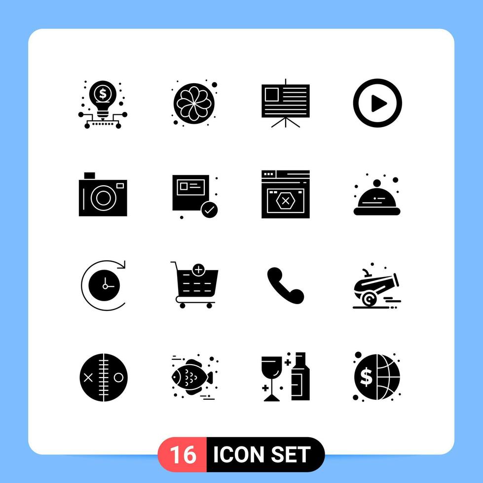 Set of 16 Vector Solid Glyphs on Grid for picture holiday analytics camera play Editable Vector Design Elements