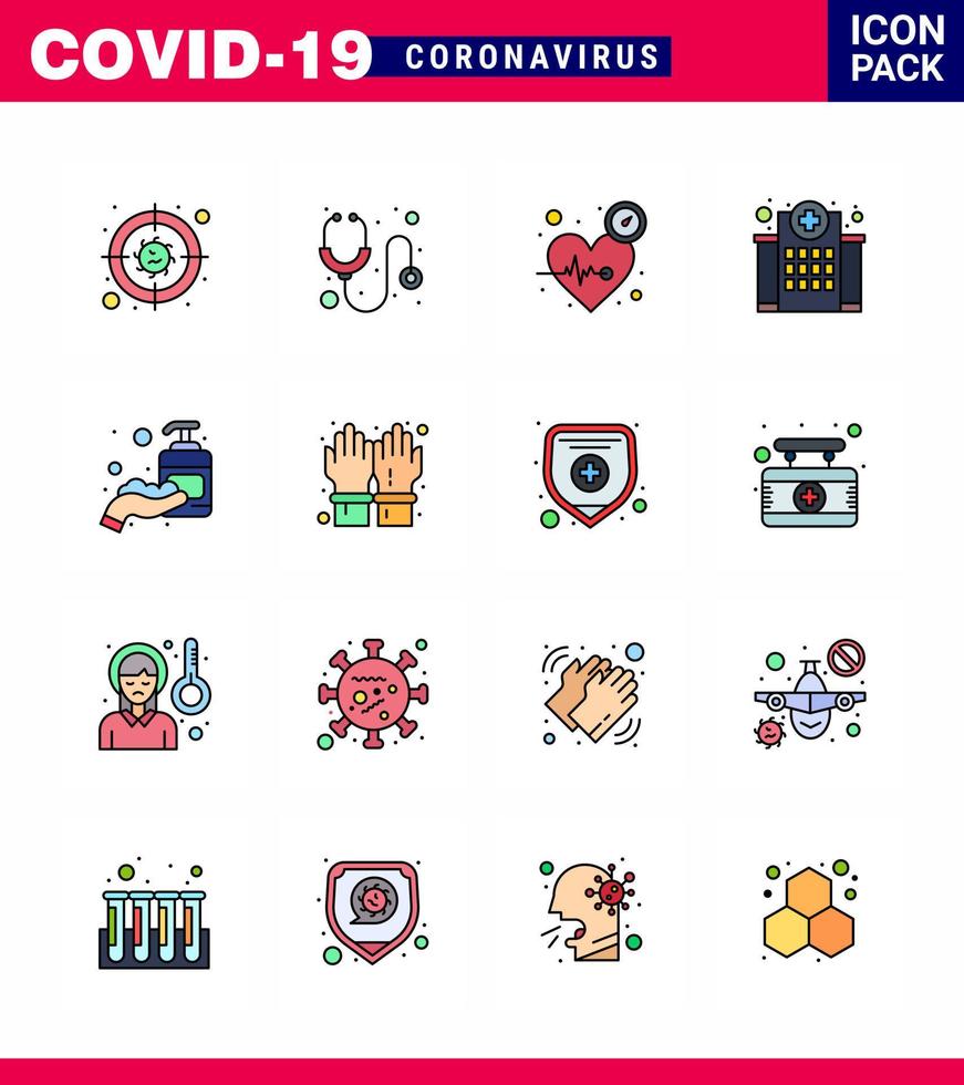 corona virus 2019 y 2020 epidemia 16 paquete de iconos de línea llena de color plano, como el hospital de enfermería venció a la atención médica coronavirus viral 2019nov elementos de diseño de vectores de enfermedad