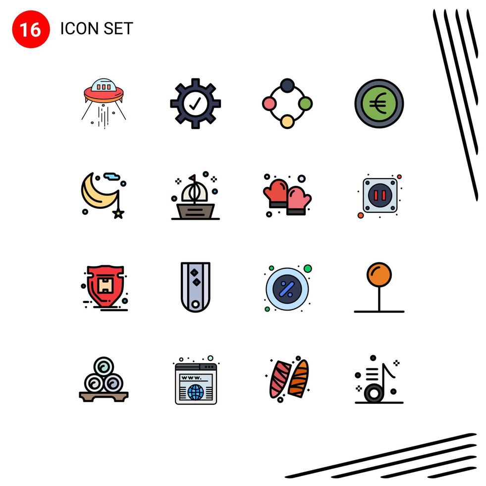 Group of 16 Modern Flat Color Filled Lines Set for cresent sign baby rattle euro toy Editable Creative Vector Design Elements