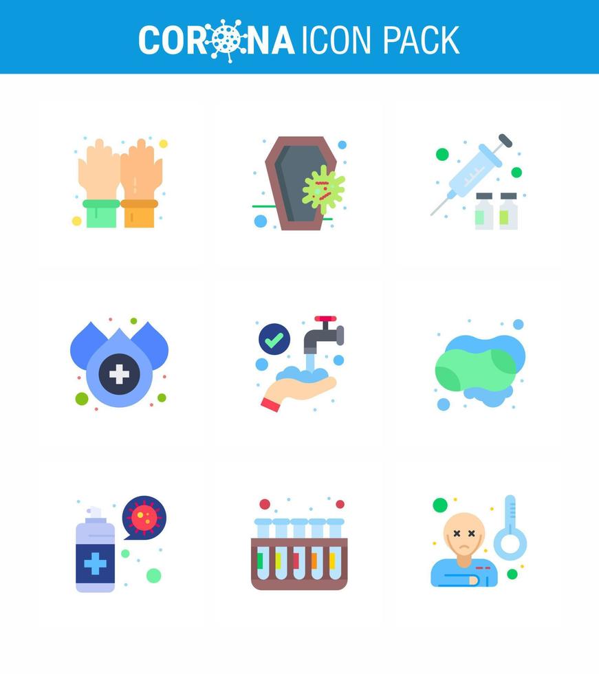 Covid19 Protection CoronaVirus Pendamic 9 Flat Color icon set such as hands water skull drop medicine viral coronavirus 2019nov disease Vector Design Elements