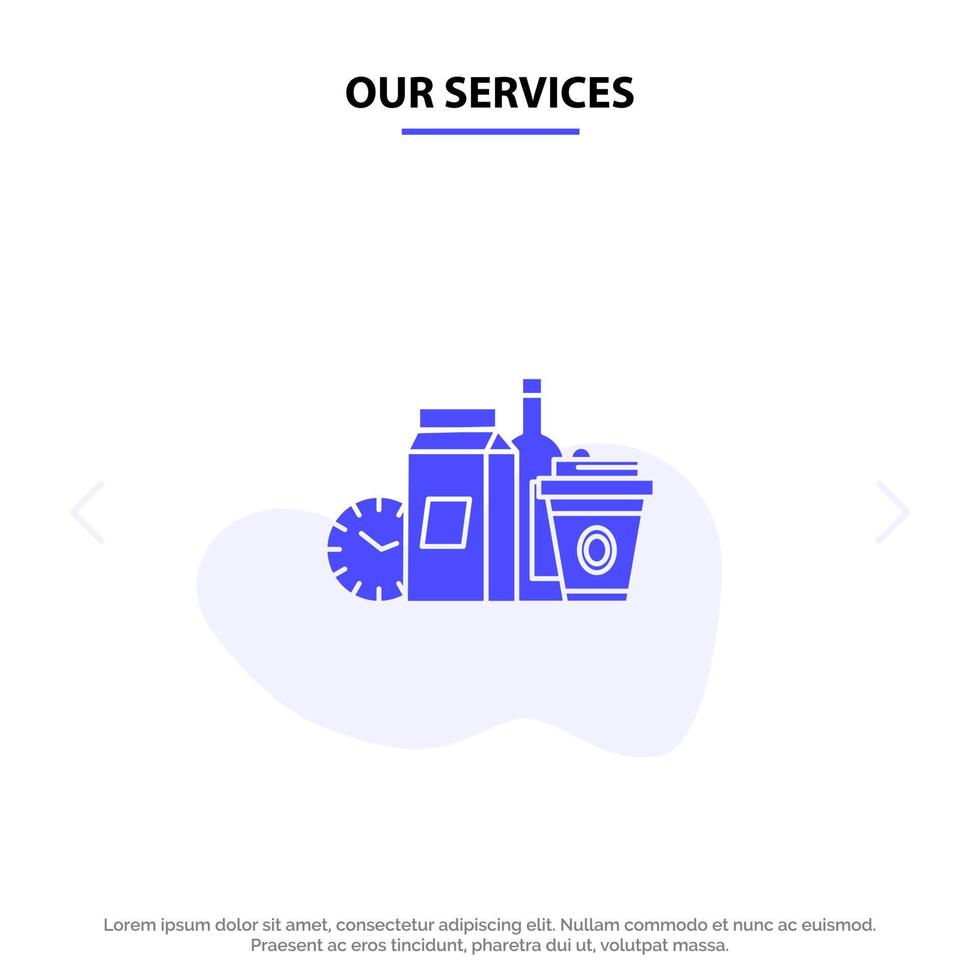 Our Services Food Items Milk Items Coffee Solid Glyph Icon Web card Template vector