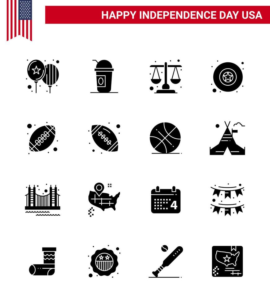 16 USA Solid Glyph Signs Independence Day Celebration Symbols of sports ball court star badge Editable USA Day Vector Design Elements