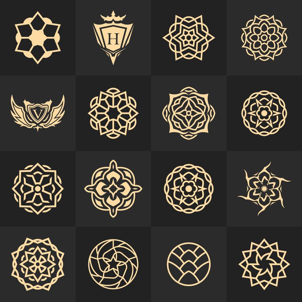 Collection of royal luxury round mandala logo design illustration in gold color with star or floral concept vector