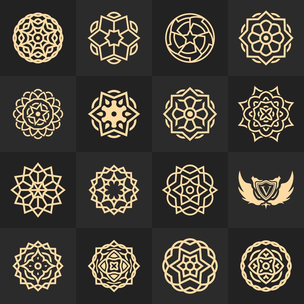 Collection of royal luxury round mandala logo design illustration in gold color with star or floral concept vector