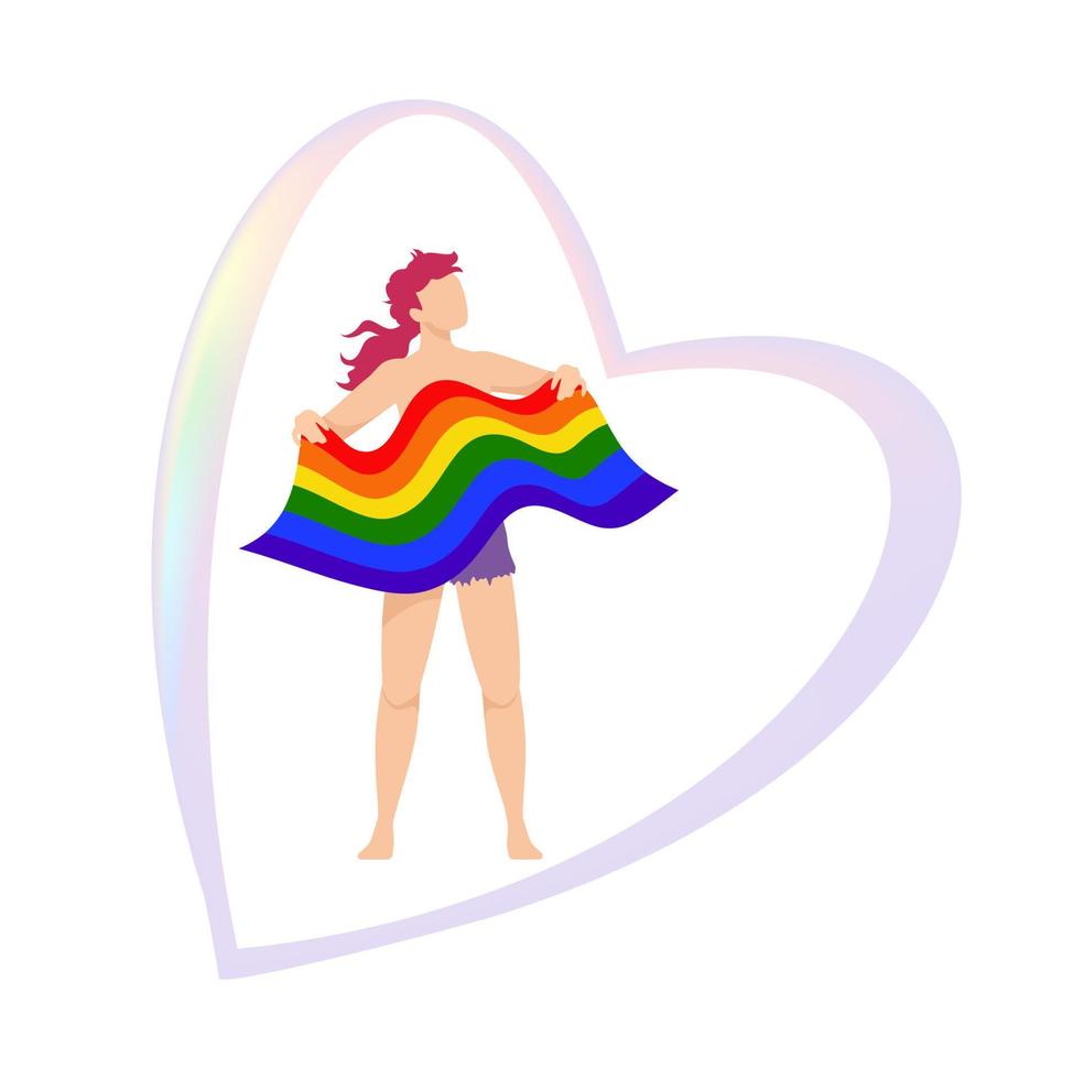 Transgender non-binary neutral gender curly person, red head proudly raised, long hair, ripped shorts, holding a waving LGBTQA pride flag, a big pale rainbow heart silhouette behind vector